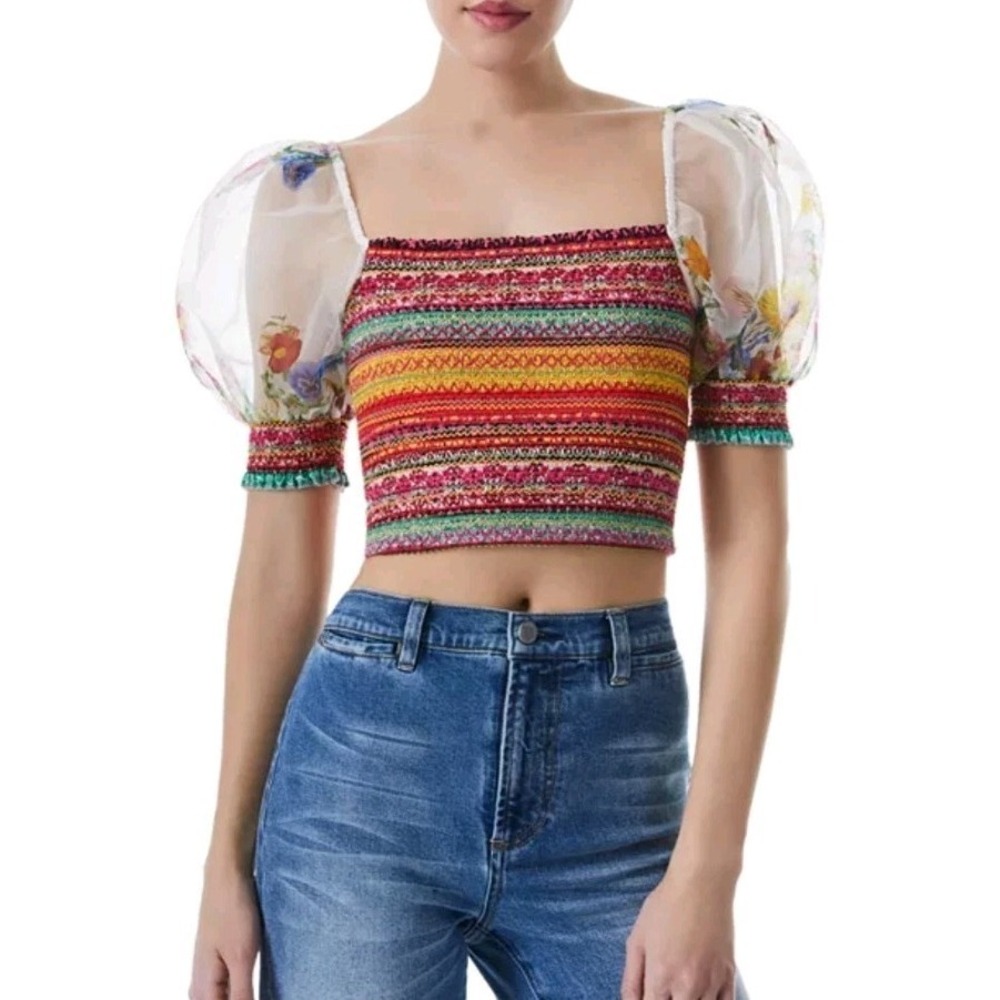 Alice + Olivia Arnella Puff Sleeve Smocked Bodice Top Large